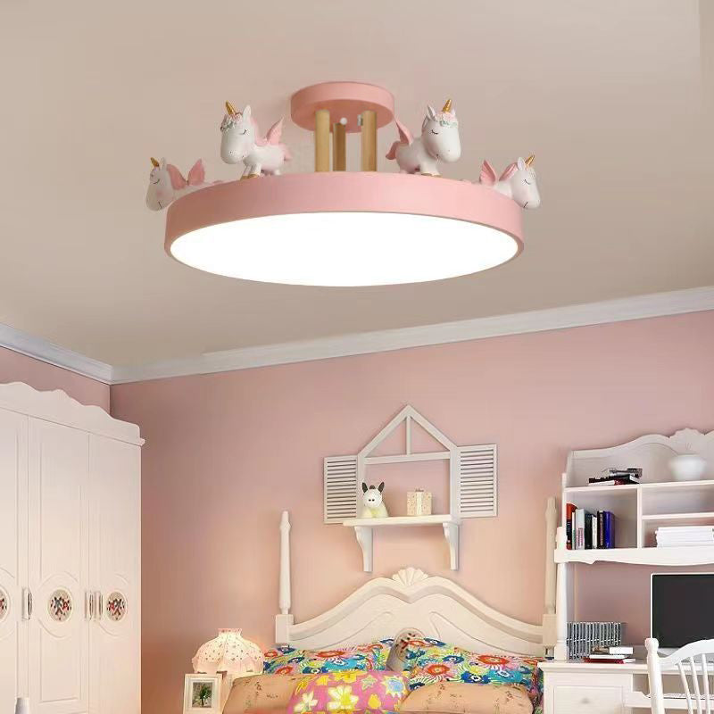 Lumendat Contemporary Creative Resin Iron Acrylic Wood Unicorn Round LED Semi-Flush Mount Ceiling Light For Bedroom Lumendat