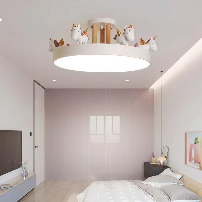 Lumendat Contemporary Creative Resin Iron Acrylic Wood Unicorn Round LED Semi-Flush Mount Ceiling Light For Bedroom Lumendat