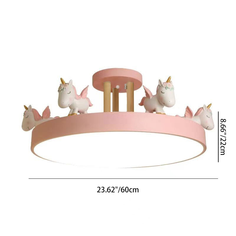 Lumendat Contemporary Creative Resin Iron Acrylic Wood Unicorn Round LED Semi-Flush Mount Ceiling Light For Bedroom Lumendat