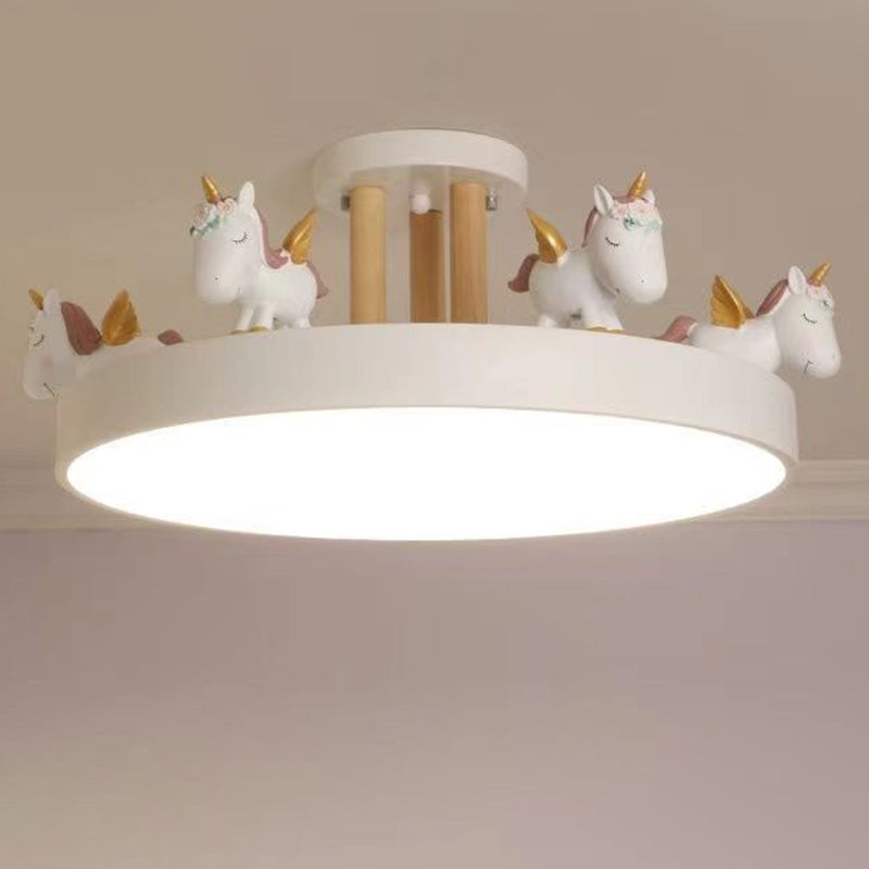 Lumendat Contemporary Creative Resin Iron Acrylic Wood Unicorn Round LED Semi-Flush Mount Ceiling Light For Bedroom Lumendat