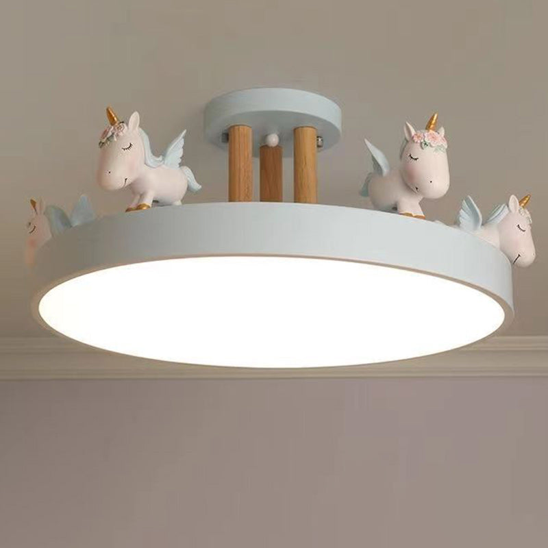 Lumendat Contemporary Creative Resin Iron Acrylic Wood Unicorn Round LED Semi-Flush Mount Ceiling Light For Bedroom Lumendat