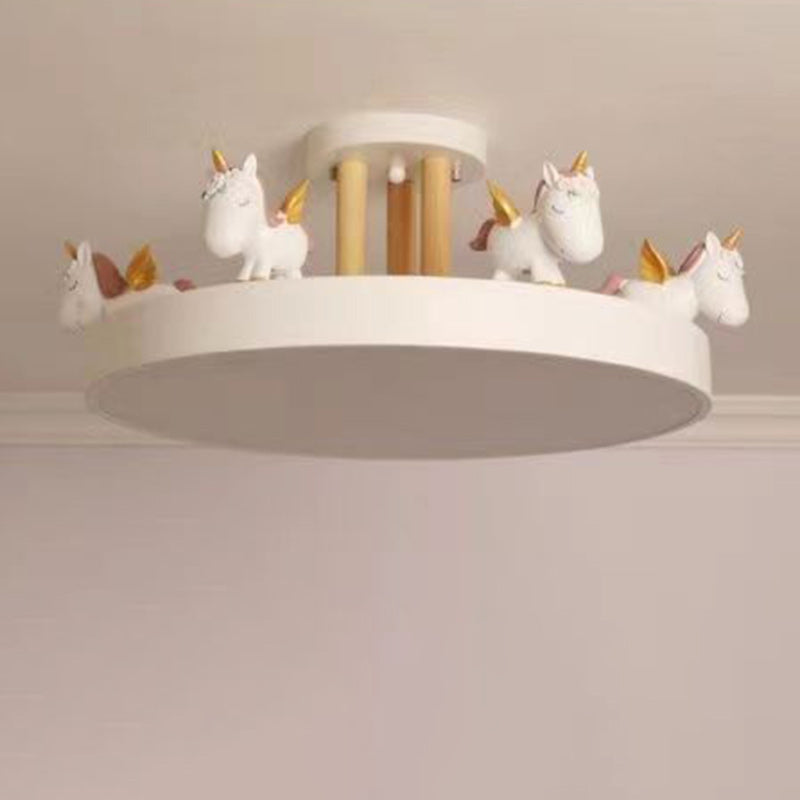 Lumendat Contemporary Creative Resin Iron Acrylic Wood Unicorn Round LED Semi-Flush Mount Ceiling Light For Bedroom Lumendat