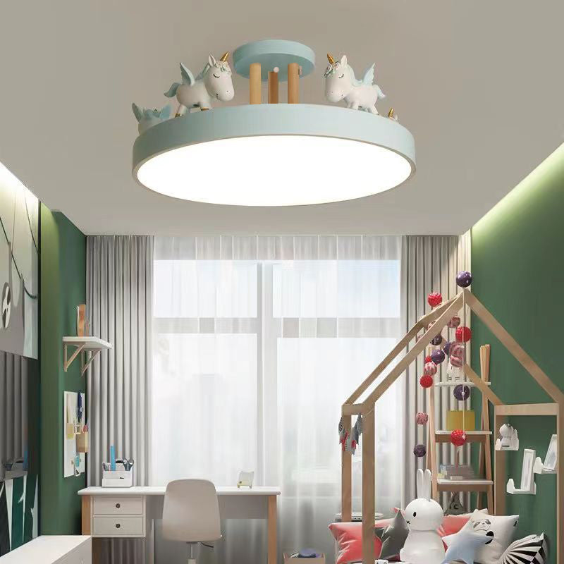 Lumendat Contemporary Creative Resin Iron Acrylic Wood Unicorn Round LED Semi-Flush Mount Ceiling Light For Bedroom Lumendat