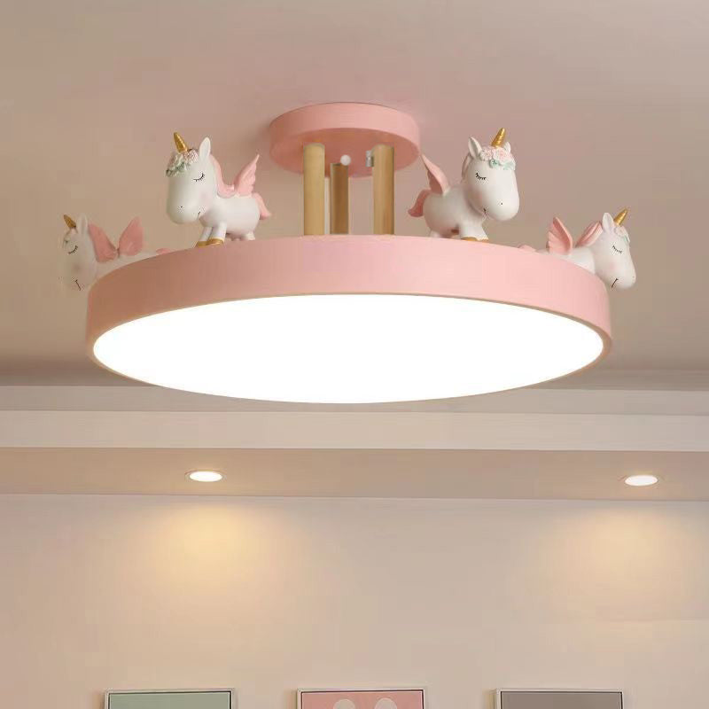 Lumendat Contemporary Creative Resin Iron Acrylic Wood Unicorn Round LED Semi-Flush Mount Ceiling Light For Bedroom Lumendat