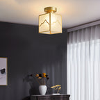 Traditional Chinese Brass Cylindrical Square 1-light Semi-flush Mount Ceiling Light for Living Room
