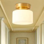 Traditional Chinese Brass Cylindrical Square 1-light Semi-flush Mount Ceiling Light for Living Room