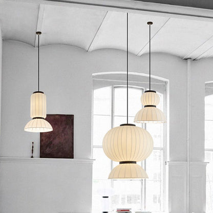 Traditional Japanese Semicircular Spherical Cylinder Iron Silk 2-Light Pendant Light For Living Room