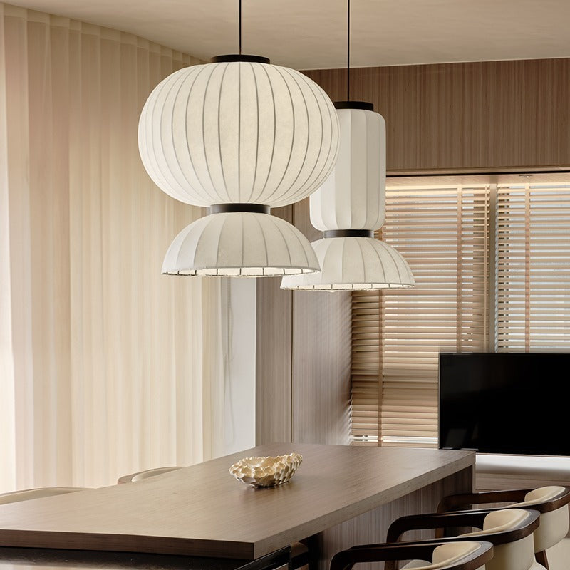 Traditional Japanese Semicircular Spherical Cylinder Iron Silk 2-Light Pendant Light For Living Room