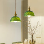 Traditional Japanese Globe & Cylinder & Semi-circle Jade Stone Metal 1-Light Pendant Light For Bedroom & Living Room