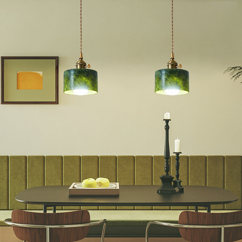 Traditional Japanese Globe & Cylinder & Semi-circle Jade Stone Metal 1-Light Pendant Light For Bedroom & Living Room