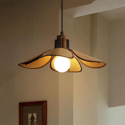 Traditional Vintage Rubber Wood & Fabric Round 1-Light Pendant Light For Dining Room, Living Room, Bedroom