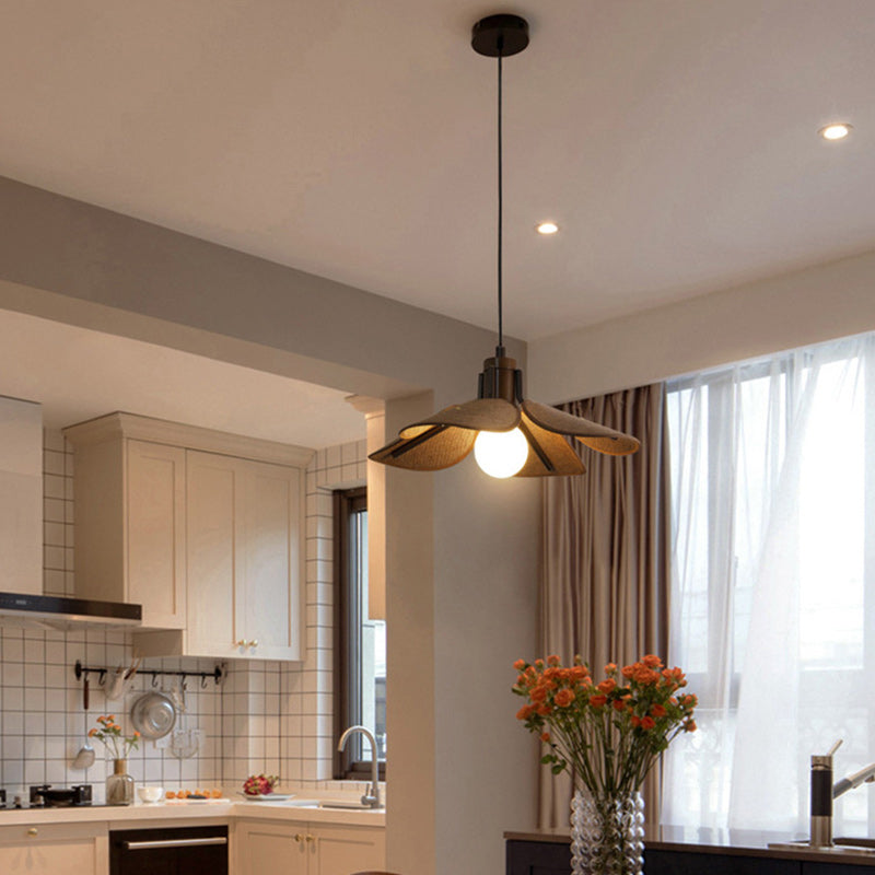 Traditional Vintage Rubber Wood & Fabric Round 1-Light Pendant Light For Dining Room, Living Room, Bedroom