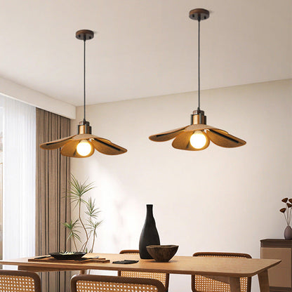 Traditional Vintage Rubber Wood & Fabric Round 1-Light Pendant Light For Dining Room, Living Room, Bedroom