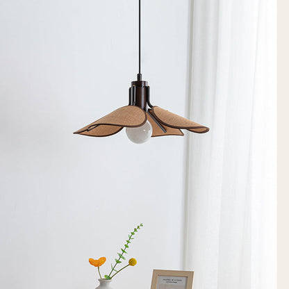 Traditional Vintage Rubber Wood & Fabric Round 1-Light Pendant Light For Dining Room, Living Room, Bedroom