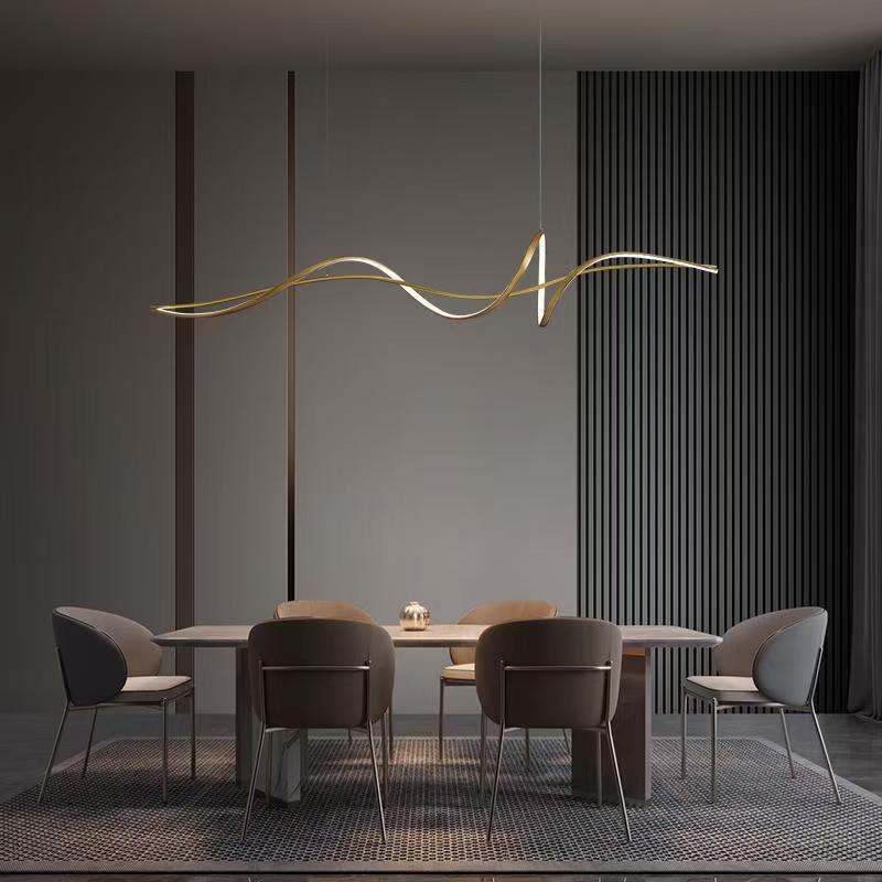 Modern Minimalist Aluminum, Iron & Acrylic Curved Linear LED Island Light Chandelier for Dining Room, Bedroom & Living Room BulbSquare