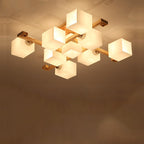 Contemporary Nordic Wood & Glass Square Cube 4/5/8/9-Light Semi-Flush Mount Ceiling Light For Bedroom & Living Room