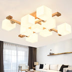 Contemporary Nordic Wood & Glass Square Cube 4/5/8/9-Light Semi-Flush Mount Ceiling Light For Bedroom & Living Room