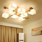 Contemporary Nordic Wood & Glass Square Cube 4/5/8/9-Light Semi-Flush Mount Ceiling Light For Bedroom & Living Room