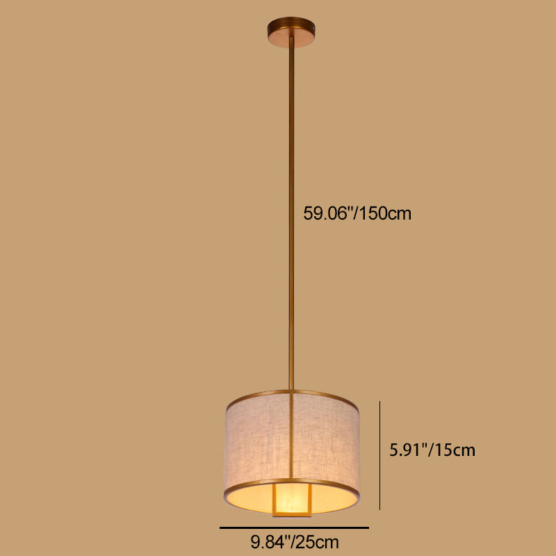Traditional Chinese Carbon Steel & Fabric Cylinder Pendant Light 1-light for Bedroom & Living Room