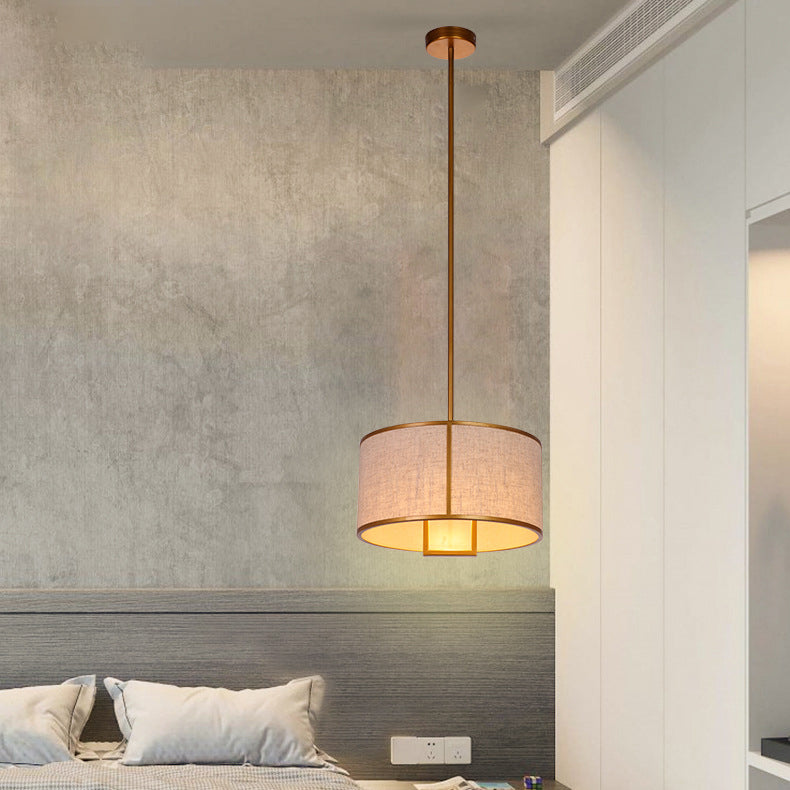 Traditional Chinese Carbon Steel & Fabric Cylinder Pendant Light 1-light for Bedroom & Living Room
