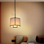 Traditional Chinese Carbon Steel & Fabric Cylinder Pendant Light 1-light for Bedroom & Living Room