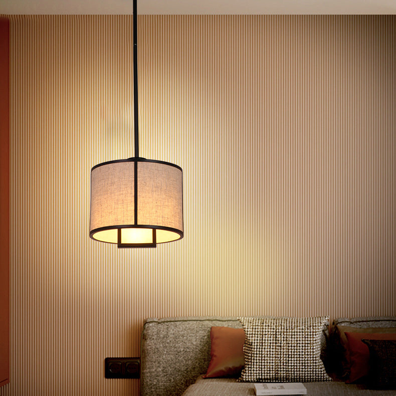 Traditional Chinese Carbon Steel & Fabric Cylinder Pendant Light 1-light for Bedroom & Living Room