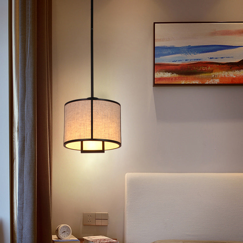 Traditional Chinese Carbon Steel & Fabric Cylinder Pendant Light 1-light for Bedroom & Living Room