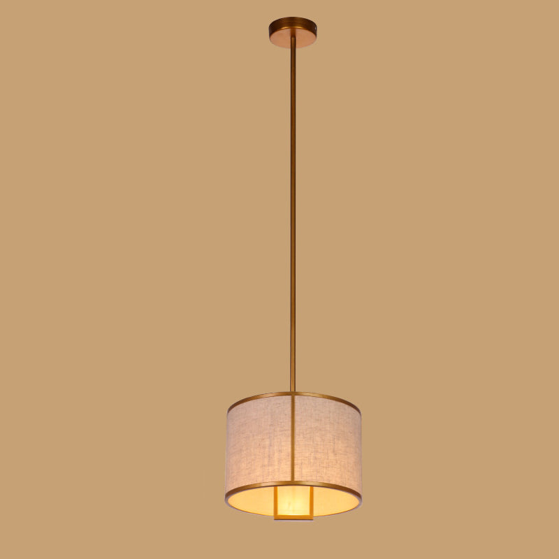 Traditional Chinese Carbon Steel & Fabric Cylinder Pendant Light 1-light for Bedroom & Living Room