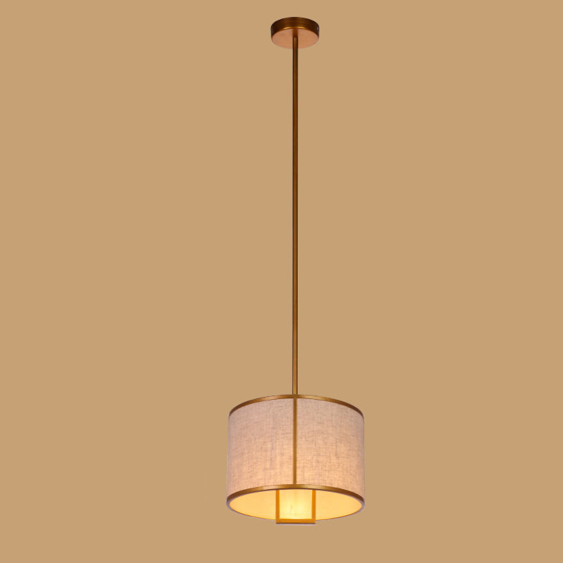 Traditional Chinese Carbon Steel & Fabric Cylinder Pendant Light 1-light for Bedroom & Living Room