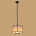 Traditional Chinese Carbon Steel & Fabric Cylinder Pendant Light 1-light for Bedroom & Living Room