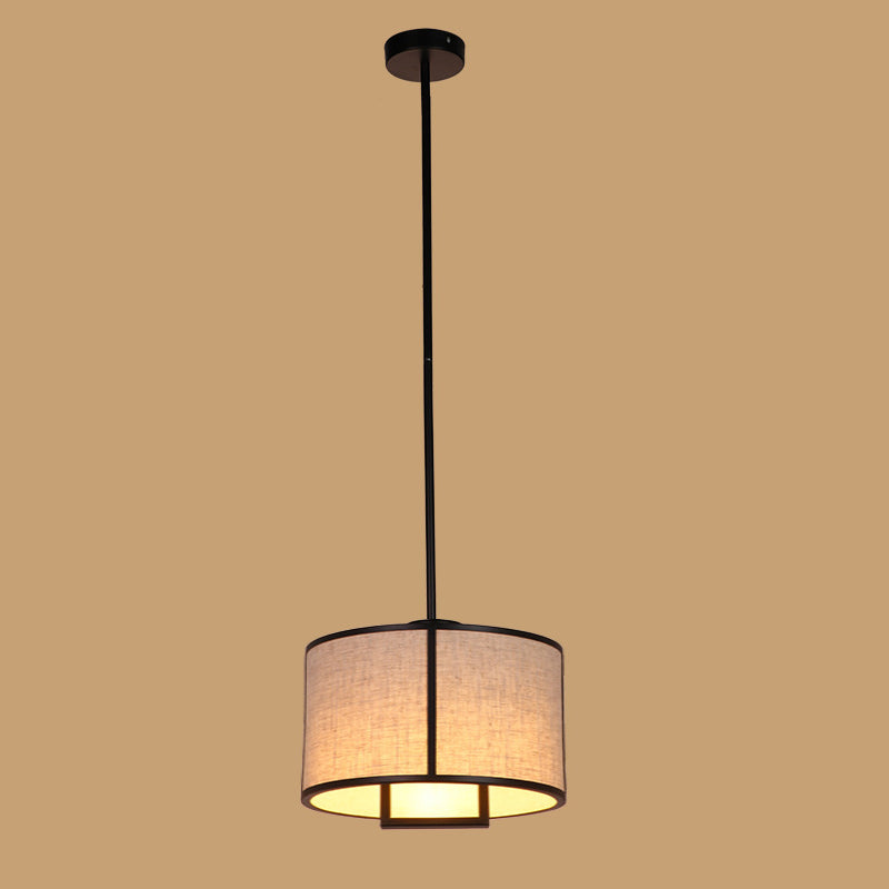 Traditional Chinese Carbon Steel & Fabric Cylinder Pendant Light 1-light for Bedroom & Living Room