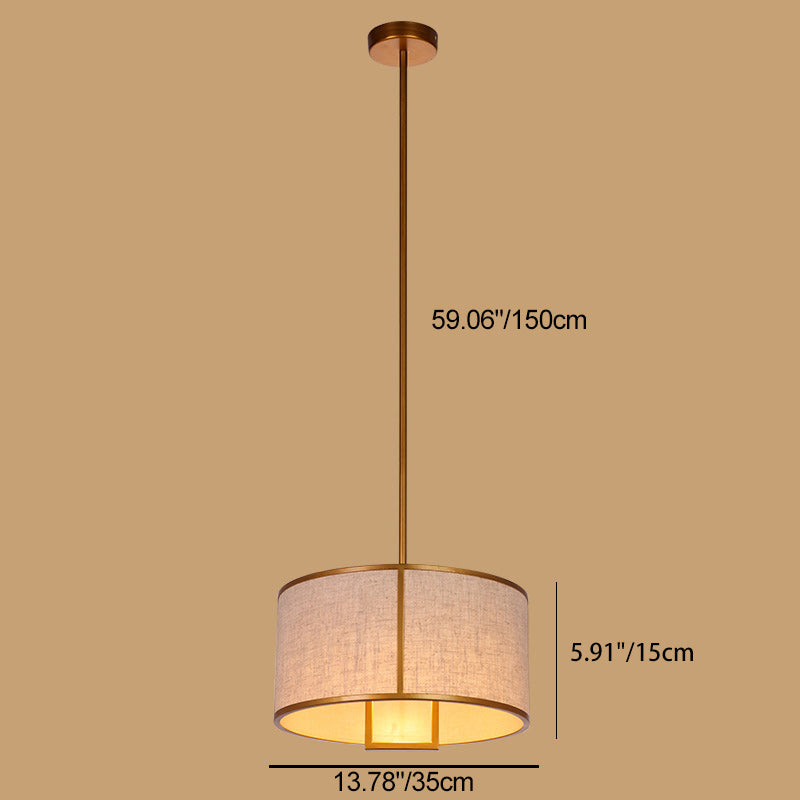 Traditional Chinese Carbon Steel & Fabric Cylinder Pendant Light 1-light for Bedroom & Living Room