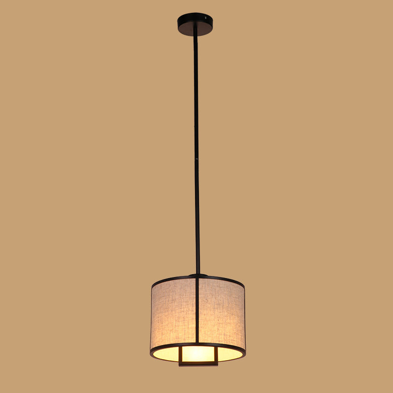 Traditional Chinese Carbon Steel & Fabric Cylinder Pendant Light 1-light for Bedroom & Living Room