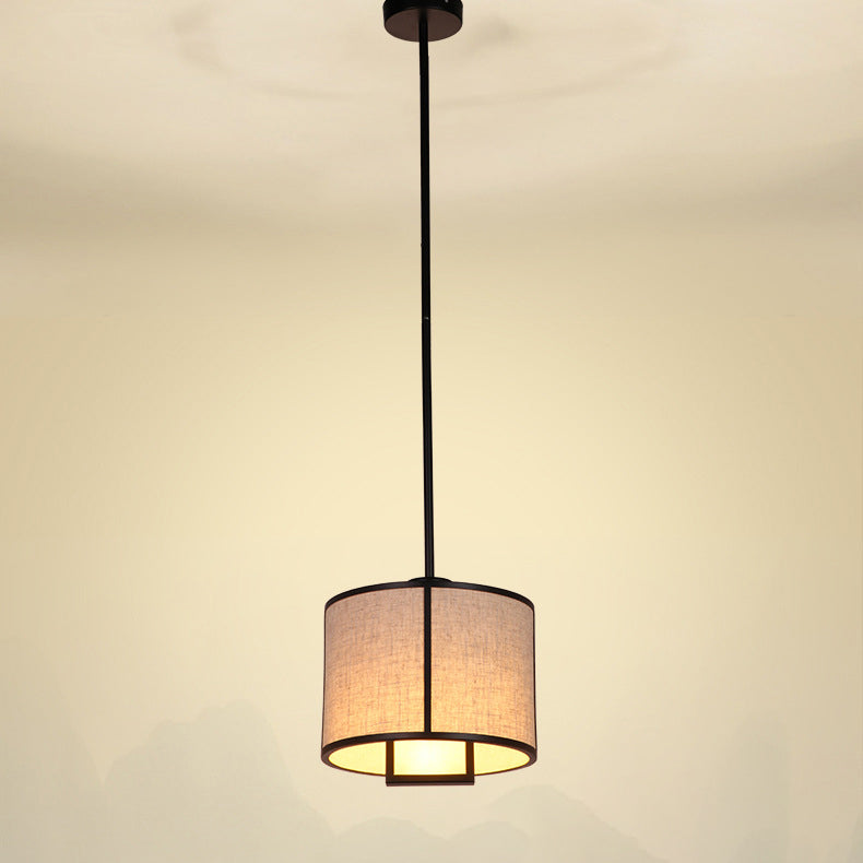 Traditional Chinese Carbon Steel & Fabric Cylinder Pendant Light 1-light for Bedroom & Living Room
