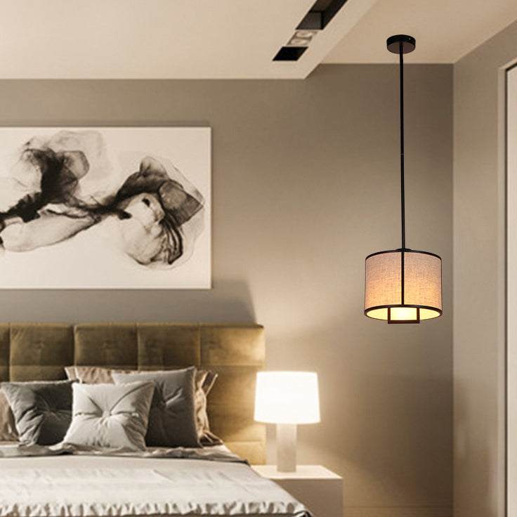 Traditional Chinese Carbon Steel & Fabric Cylinder Pendant Light 1-light for Bedroom & Living Room