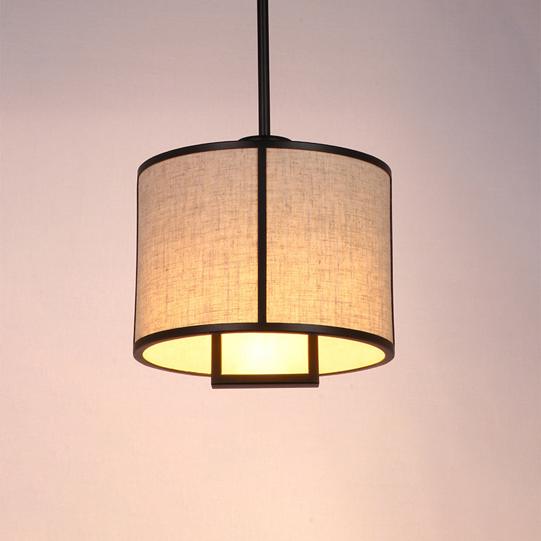 Traditional Chinese Carbon Steel & Fabric Cylinder Pendant Light 1-light for Bedroom & Living Room