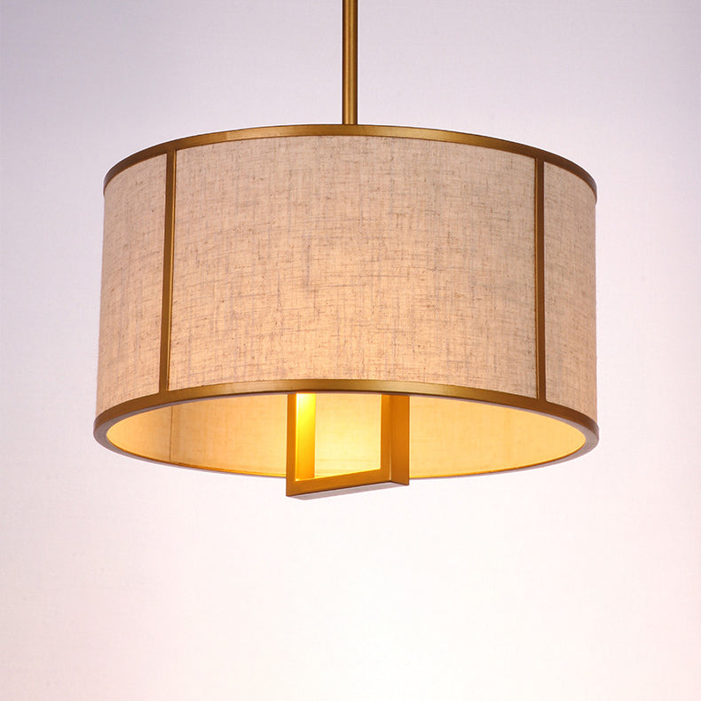 Traditional Chinese Carbon Steel & Fabric Cylinder Pendant Light 1-light for Bedroom & Living Room