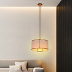 Traditional Chinese Carbon Steel & Fabric Cylinder Pendant Light 1-light for Bedroom & Living Room