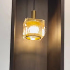 Modern Luxury Brass Glass Square 1-Light Pendant Light With Adjustable Cord For Bedroom And Living Room