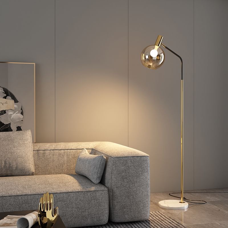 Contemporary Nordic Iron, Marble & Glass Round 1-Light Standing Floor Lamp With Adjustable Head For Living Room & Bedroom Lumendat