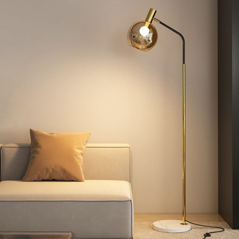 Contemporary Nordic Iron, Marble & Glass Round 1-Light Standing Floor Lamp With Adjustable Head For Living Room & Bedroom Lumendat
