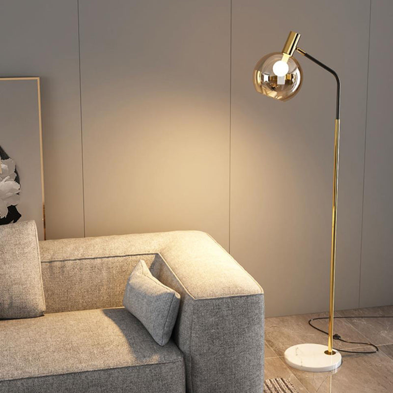 Contemporary Nordic Iron, Marble & Glass Round 1-Light Standing Floor Lamp With Adjustable Head For Living Room & Bedroom Lumendat