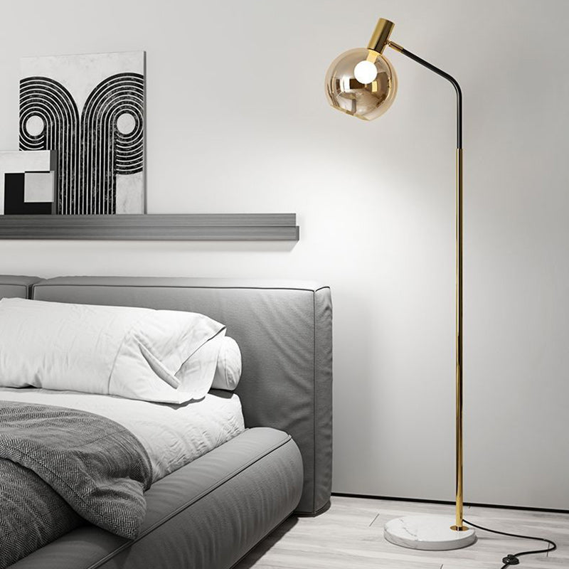 Contemporary Nordic Iron, Marble & Glass Round 1-Light Standing Floor Lamp With Adjustable Head For Living Room & Bedroom Lumendat