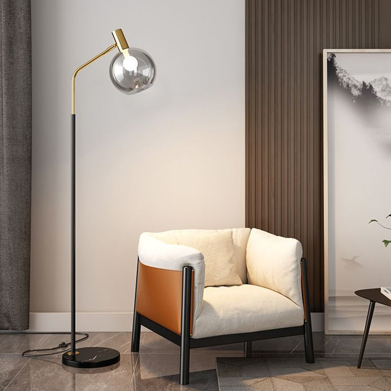 Contemporary Nordic Iron, Marble & Glass Round 1-Light Standing Floor Lamp With Adjustable Head For Living Room & Bedroom Lumendat