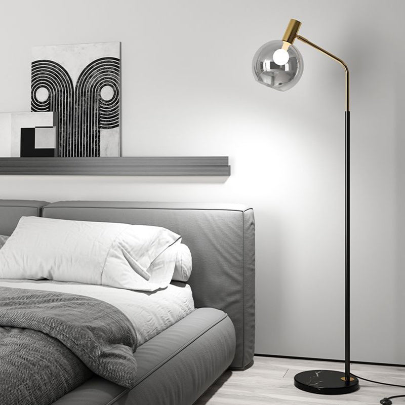 Contemporary Nordic Iron, Marble & Glass Round 1-Light Standing Floor Lamp With Adjustable Head For Living Room & Bedroom Lumendat