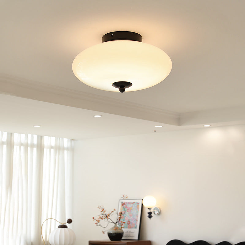 Modern Mid-century Iron & Glass Oval LED Semi-flush Mount Ceiling Light for Bedroom, Hallway, and Living Room