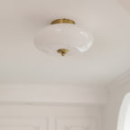 Modern Mid-century Iron & Glass Oval LED Semi-flush Mount Ceiling Light for Bedroom, Hallway, and Living Room