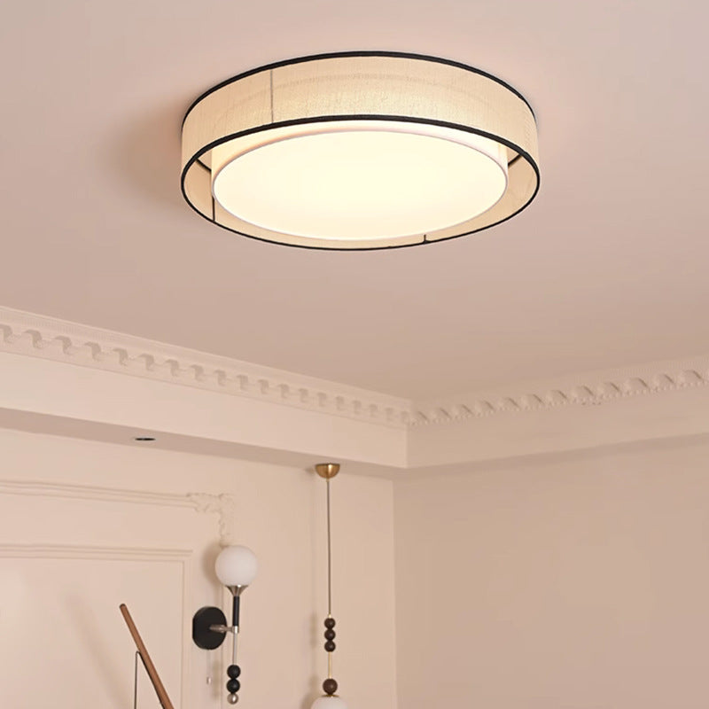 Traditional Japanese Alloy, Plant Fiber & Acrylic Round LED Flush Mount Ceiling Light for Bedroom, Living Room & Dining Room