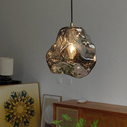 Traditional Japanese Glass & Iron Lava Ice Shape Irregular Round 1-Light Pendant Light For Bedroom, Living Room & Dining Room