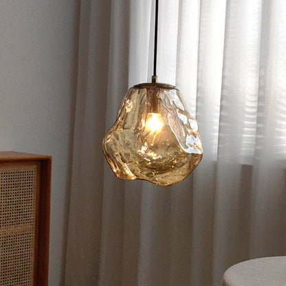 Traditional Japanese Glass & Iron Lava Ice Shape Irregular Round 1-Light Pendant Light For Bedroom, Living Room & Dining Room
